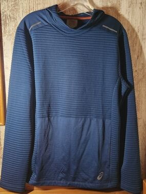Asics Men's Ottoman Slate Heather Blue Hooded Ribbed Pullover Performance Shirt